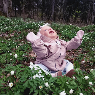 Reborn Silja istuu metsässä ja kohottaa kätensä kuin hihkuakseen ilosta. Pää on takakenossa ja kasvot kohti taivasta. Siljan ympärillä on kymmeniä valkovuokkoja. Siljalla on päällään vaaleanpunainen takki ja kädessä vaaleanpunaiset tumput.