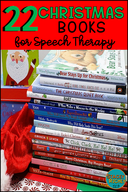 Stack of Christmas books; 22 Christmas books for speech therapy