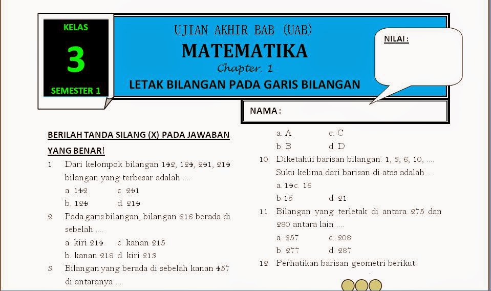 Download Soal Matematika Kelas 3  Bab 1 ~ Rief Awa Blog : Download Kumpulan Soal Ujian SD Terbaru