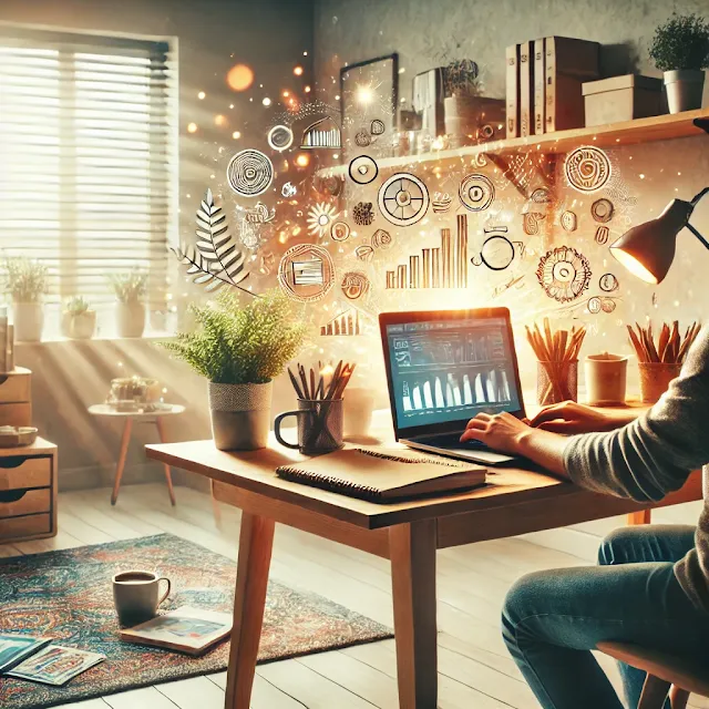 A person working on a laptop at home in a cozy, well-organized workspace with a motivational atmosphere. The desk features a notebook, coffee mug, and a small plant, symbolizing productivity. The room has a modern design with soft lighting and a window offering an outdoor view, reflecting the theme of starting a successful home business.