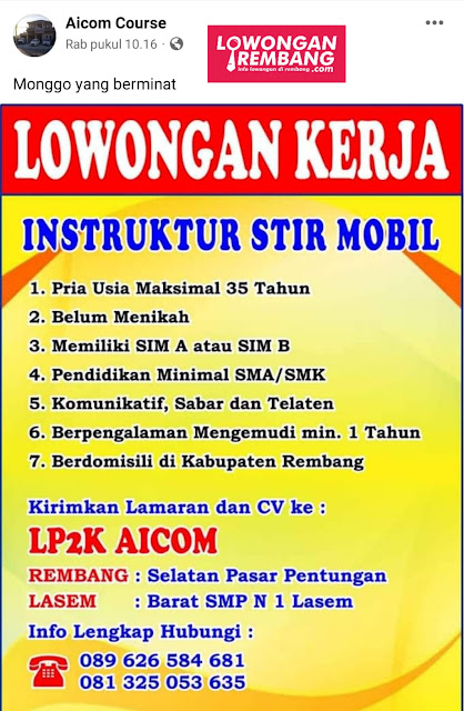 Lowongan Kerja Instruktur Stir Sopir Driver Mobil Kursus LP2K Aicom Rembang