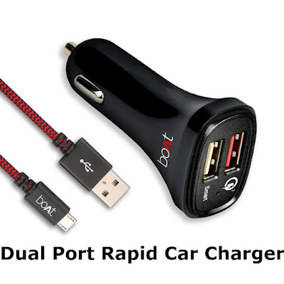 boAt Dual Port Rapid Car Charger (Qualcomm Certified) with Quick Charge 3.0 + Free Micro USB Cable - (Black)