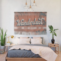 wall hanging, wall art, tapestry, wanderlust, landscape, pink, blue, vintage travel poster, hand lettering, typography, mountains, travel