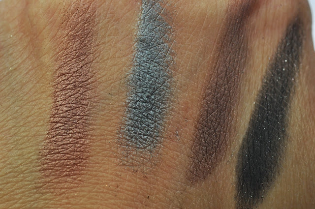 Swatches: MAC An Amorous Adventure Eye Shadow Quad:  Sable, Sex and the Oyster, Brawn, Black Tied