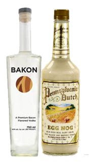 bottle of bakon vodka next to bottle of eggnog