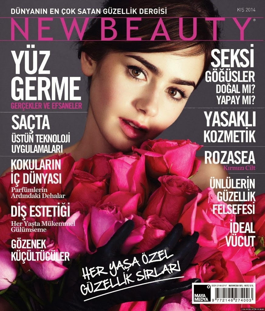 Magazine Cover : Lily Collins Magazine Photoshoot Pics on NewBeauty Magazine Turkey January 2014 Issue 