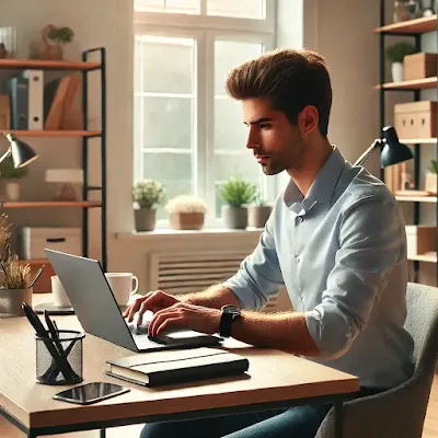 Seorang blogger profesional duduk di meja modern, mengetik di laptop dengan ekspresi fokus. Meja tertata rapi dengan secangkir kopi, notebook, dan smartphone. Latar belakang menampilkan kantor rumahan yang terang dengan rak buku, tanaman, dan jendela besar yang memungkinkan cahaya alami masuk.