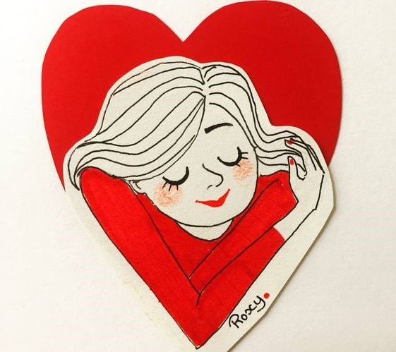 ilustración de chica abrazándose con un corazón rojo detrás de ella