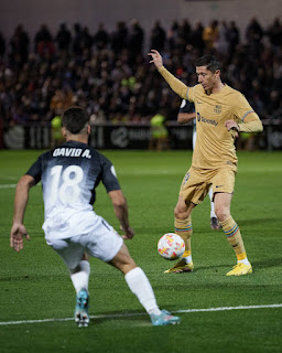 Robert Lewandowski in action for Barcelona at AD Cueta FC. The Polish striker scored a brace for the Catalans which helped Xavi's side to reach the quarter finals of the Copa del Rey