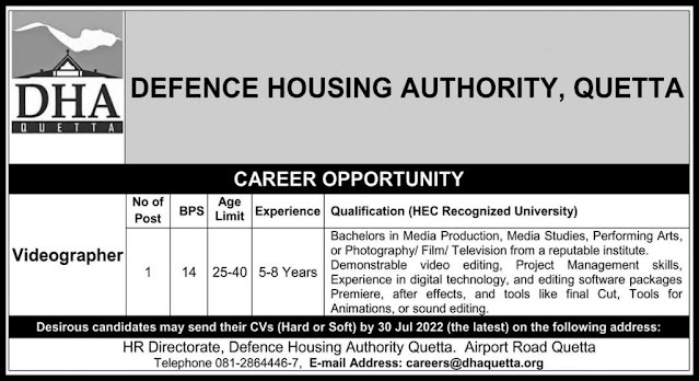 Videographer latest jobs at Defense Housing Authority