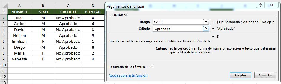 Función CONTAR.SI en Excel