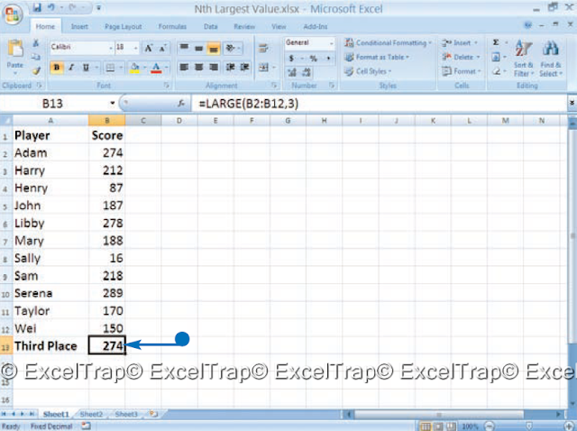 MS Excel : Determine the NTH LARGEST VALUE