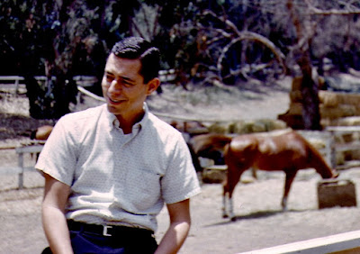 Young man smiling, sitting on a fence in front of a horse