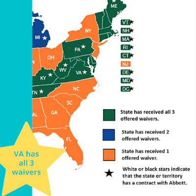 Partial map of USA showing status of WIC waivers