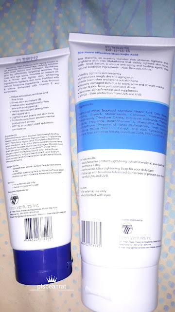 Ingredients and description list of Novelina High Potency Anti-Aging Cream and Skin Lightener and   Novelina Instant Lightening Lotion and Pollution Shield.