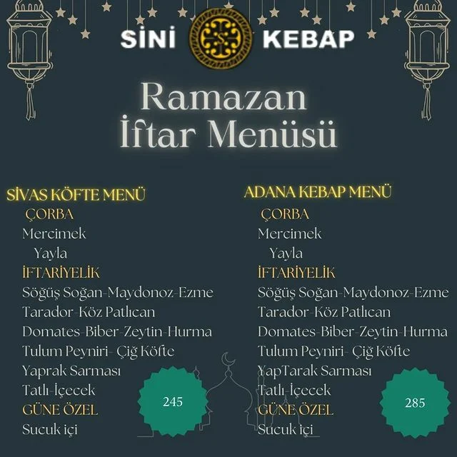 Sini Kebap Kayseri Ramazan 2023 İftar Menüleri ve Fiyatları