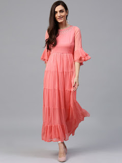  Rain & Rainbow Women Coral Pink Solid Tiered A-Line Kurta