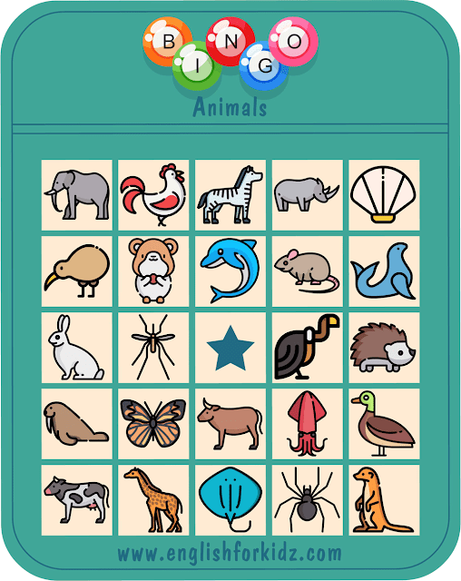 Animals bingo game – printable ESL worksheets for English teachers and students