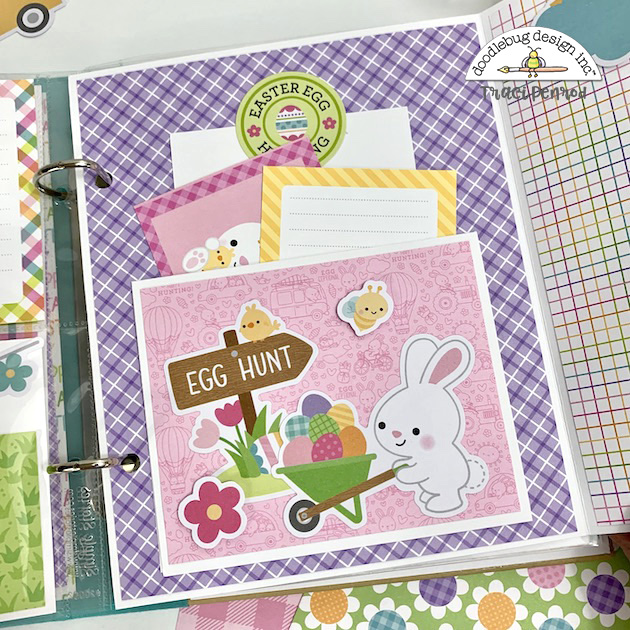 Easter Scrapbook Album Page with a bunny rabbit, a wagon of colorful eggs, and a pocket filled with journaling cards