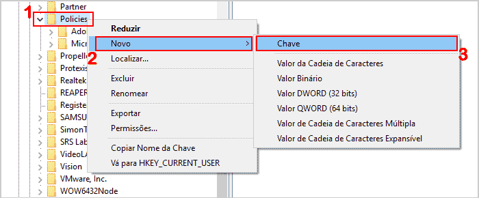 Adicionando nova chave Google no regedit do Windows