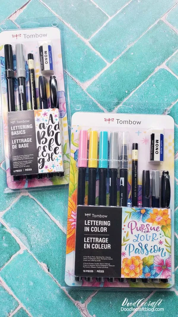 I love Tombow for all things Hand Lettering!   I've been a Brand Ambassador for a few year and love it.   I use their products exclusively because I love them so much.   They sent me a package of a bunch of fun supplies--highlighting the new Lettering sets.   Lettering Basics and Lettering in Color are both available as a FLASH sale today!   Enter the code: LETTERING for 30% off!   Each pack has everything you need to get started with Hand Lettering.   I love the Lettering in color, those 3 colors blend beautifully for every color combination you can imagine.   Both sets have the MONOTWIN permanent marker, Fudenosuke Brush Pen (my personal favorite brush pen ever), a high quality pencil, MONO plastic eraser, plus instructions to get you started with brush lettering.   The Basics set contains Dual Brush Pens in black and gray.   The Lettering in Color set contains Dual Brush Pens in pink, yellow, blue and gray...plus a blender.
