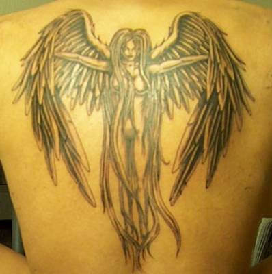 Gothic angel tattoo on the back.