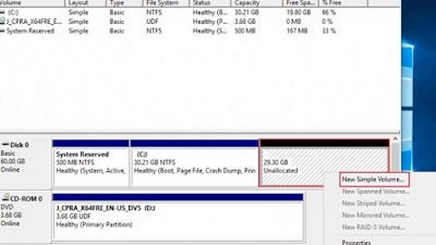 Maka muncul partisi baru pada Disk Management, tetapi bertuliskan Unallocated. Klik kanan partisi Unallocated tadi lalu plih New Sample Volume.