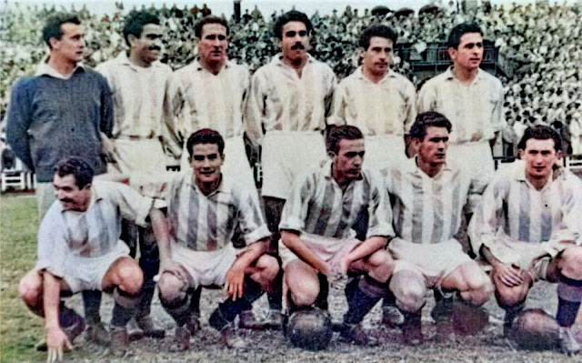 REAL VALLADOLID DEPORTIVO. Temporada 1949-50. Saso, Lesmes I, Babot, Lesmes II, Ortega, Lasala. Revuelta, Coque, Vaquero, Aldecoa y Juanco. REAL VALLADOLID DEPORTIVO 3 REAL MADRID C. F. 1. 24/05/1950. Copa del Generalísimo, semifinal, partido de vuelta. Valladolid, estadio Municipal José Zorrilla. GOLES: 1-0: 13’, Lasala. 1-1: 22’, Lesmes I, en propia puerta. 2-1: 50’, Juanco. 3-1: 73’, Coque.