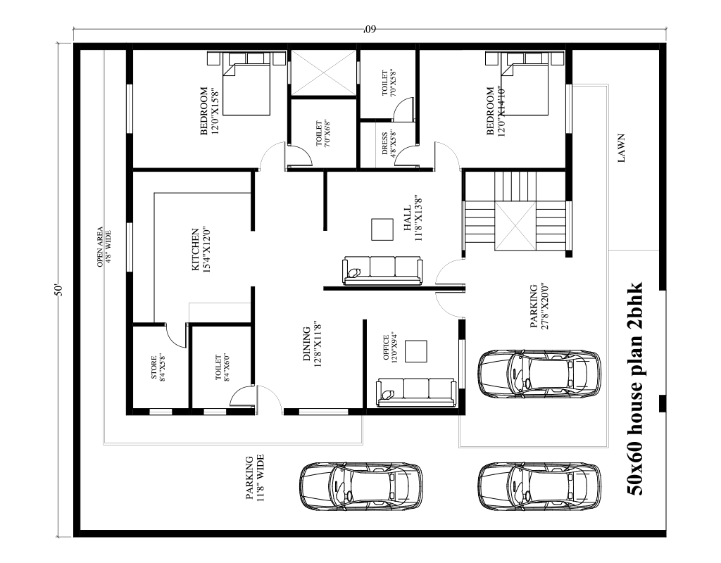 50x50 house plans with 3 bedrooms