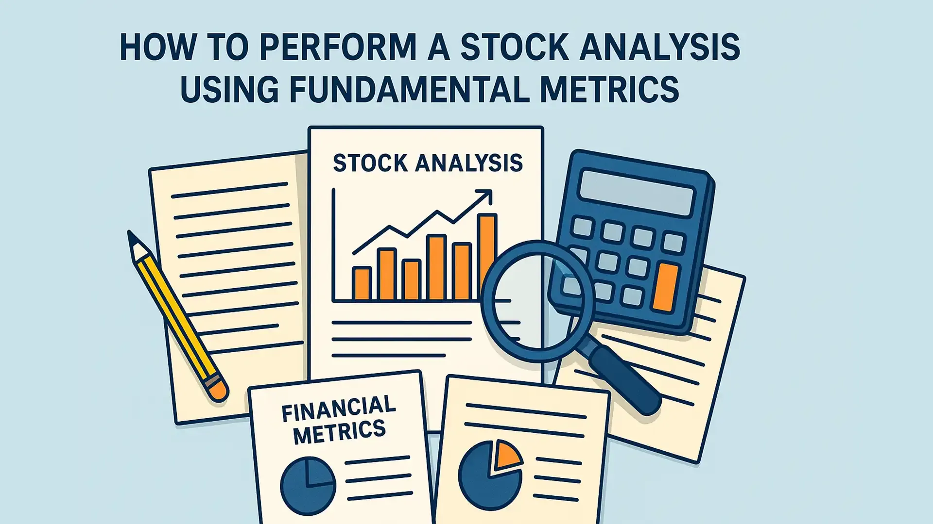 Flat-style illustration of stock analysis with bar charts, financial metrics documents, calculator, and magnifying glass, representing fundamental investing methods.