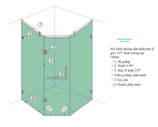 Mô hình phòng tắm kính 135 độ 