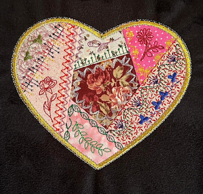 A heart crazy patch created with an embroidery machine