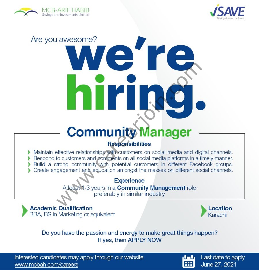 MCB Arif Habib Savings & Investments Jobs Community Manager