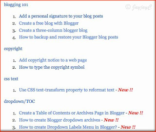 Screen shot to illustrate a section of Table of Contents (TOC) or Sitemap Page in my Blogger blog