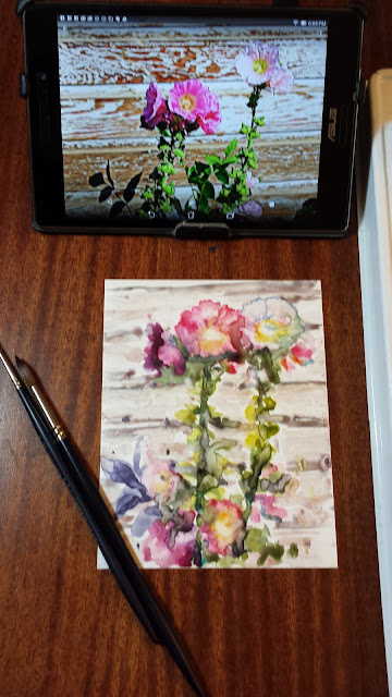 Watercolor painting of hollyhocks on Yupo surface.  Brushes on left.  Tablet in background.