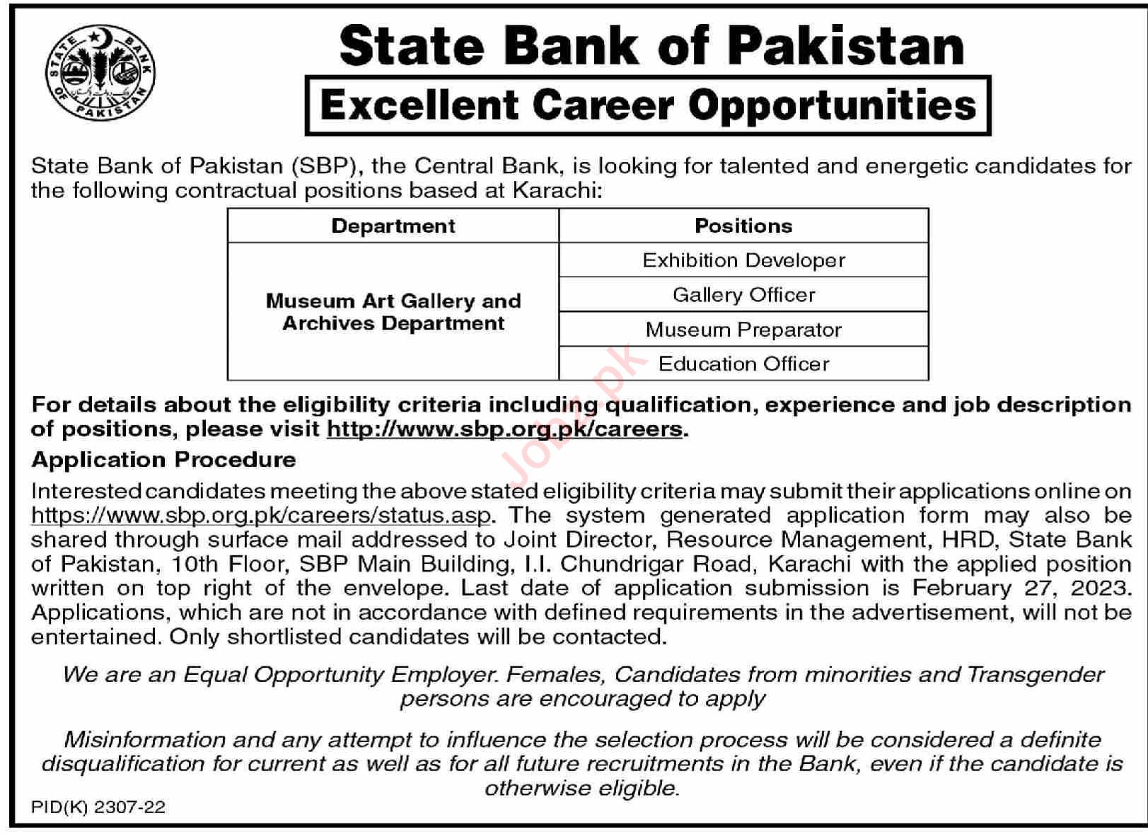 Latest State Bank of Pakistan SBP Management Posts Karachi 2023