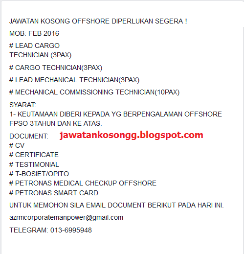 Jawatan Kosong: Jawatan Kosong Technician Offshore Terkini