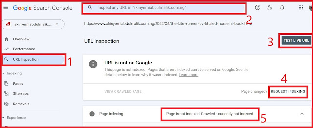 Google console URL inspection dashboard showing steps to request indexing from Google