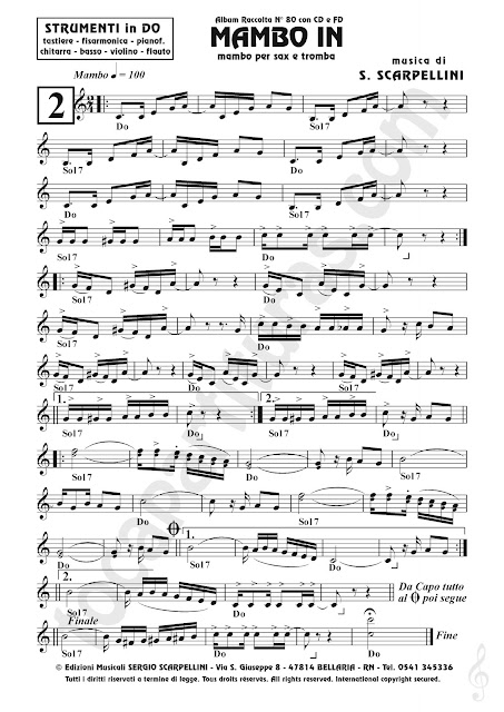 Partitura de Instrumentos afinados en Do del Mambo In de S. Scarpellini Partituras de Violín, Flauta, Armónica, Guitarra, Piano, Oboe...con Acordes C Instruments Sheet Music for flute, Recorder, Violin, Guitar, Piano, Oboe, Harmonica... with Chords