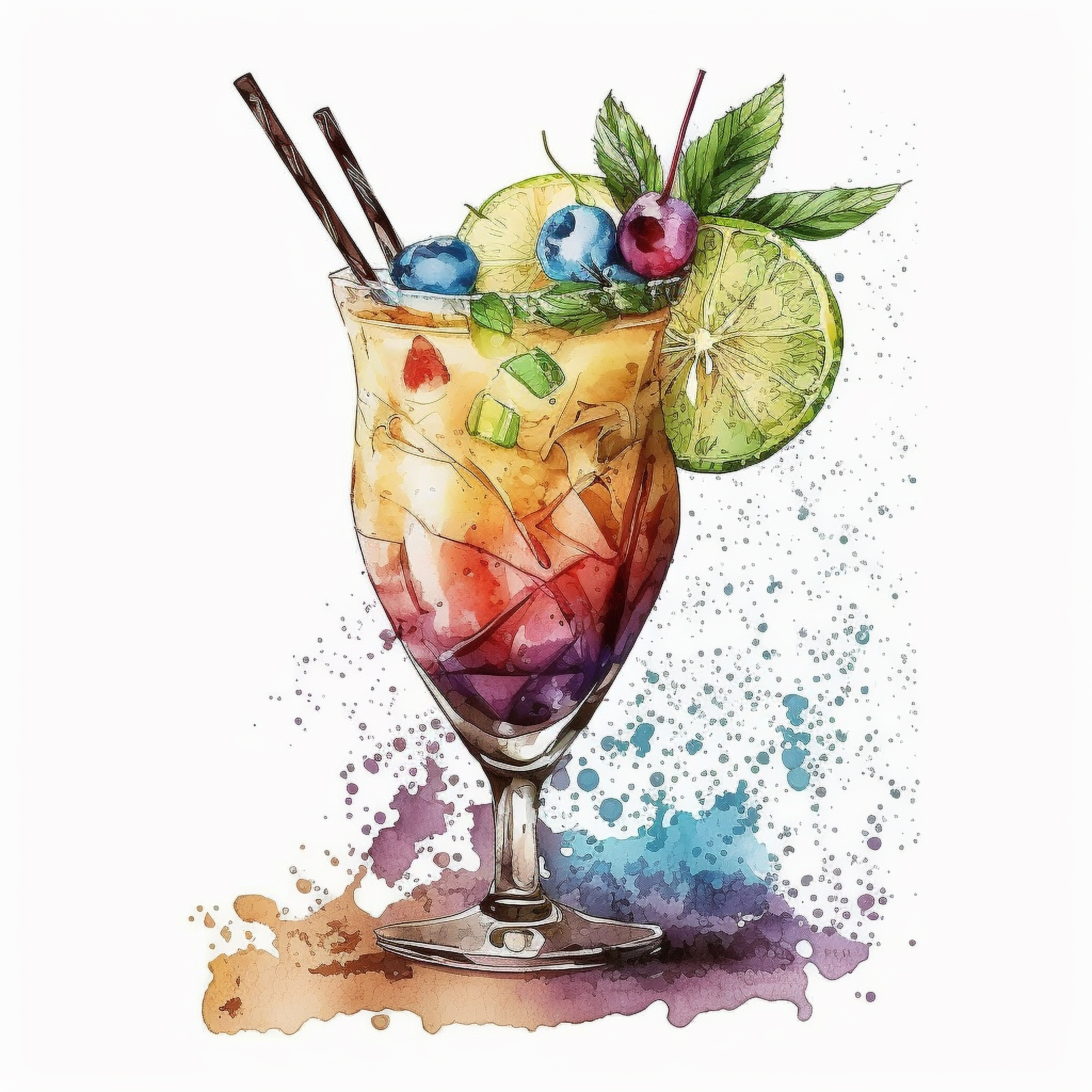 A-watercolor-clipart-of-a-Cocktail-with-a-blueberry-and-lime-White-Background.-