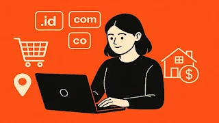 Ilustrasi digital estetik seorang gadis muda di depan laptop, mewakili semangat generasi muda dalam menjelajahi pasar domain Indonesia.