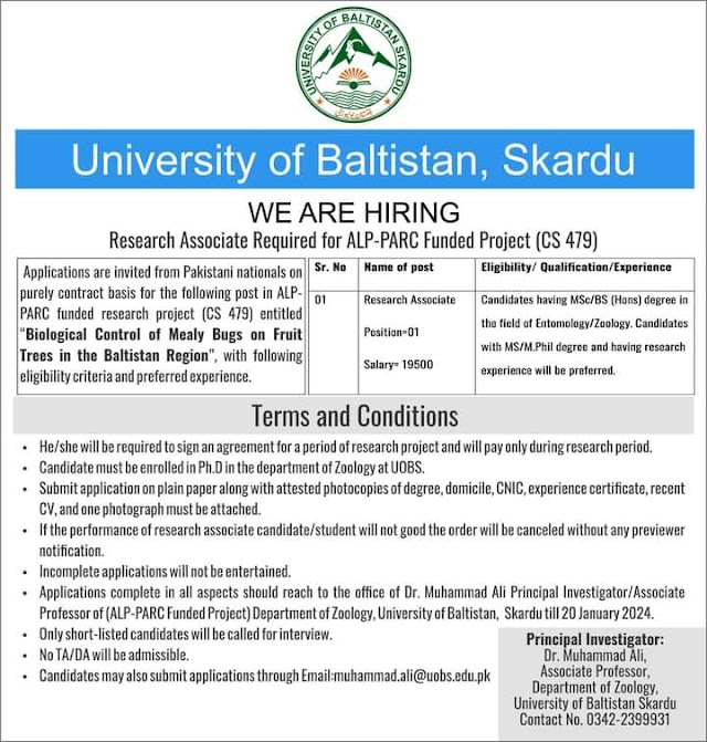 University Of Baltistan Skardu announced position in ALP-PARC Funded project