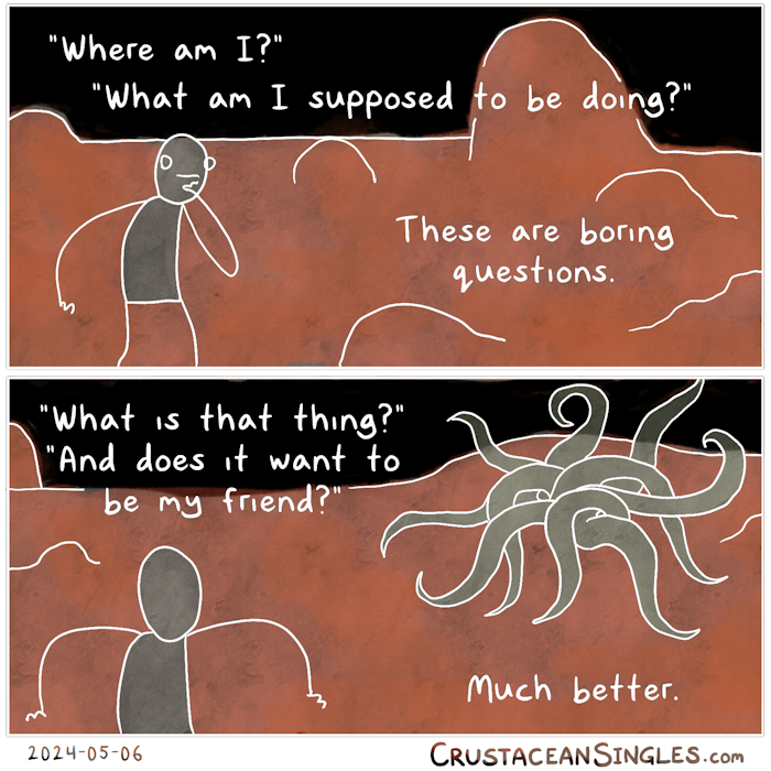 Panel 1 of 2: A pensive person stands in a lumpy orange-red expanse under a black sky; everything is outlined in white. Superimposed text reads, "Where am I?" "What am I supposed to be doing?" These are boring questions. Panel 2 of 2: Now seen from behind, the same person stands looking at something that looks like a cross between a Tillandsia xerographica and an octopus. Superimposed text: "What is that thing?" "And does it want to be my friend?" Much better. END