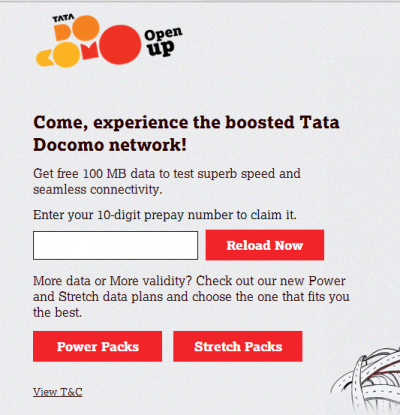 Free 100MB Data from Tata Docomo for 5 Days Official From TATA DOCOMO