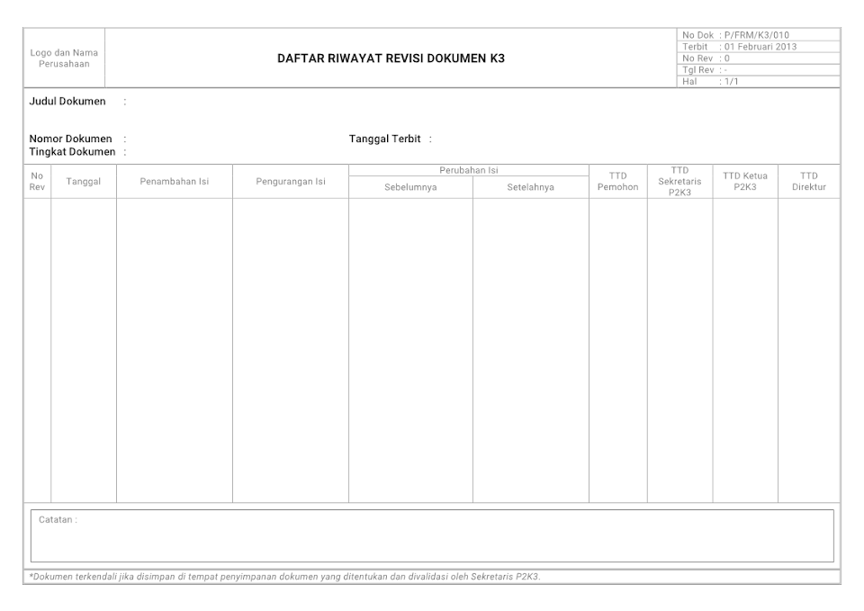 Form Daftar Riwayat Revisi Dokumen K3