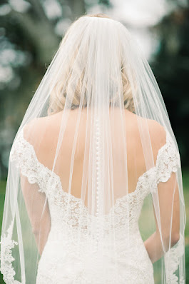 bride wedding dress with low back and buttons on veil