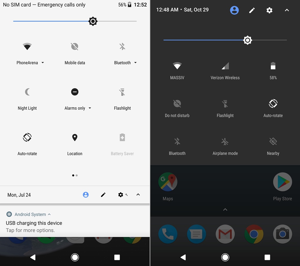 Android Oreo left vs Android Nougat right   Notification shade and quick settings