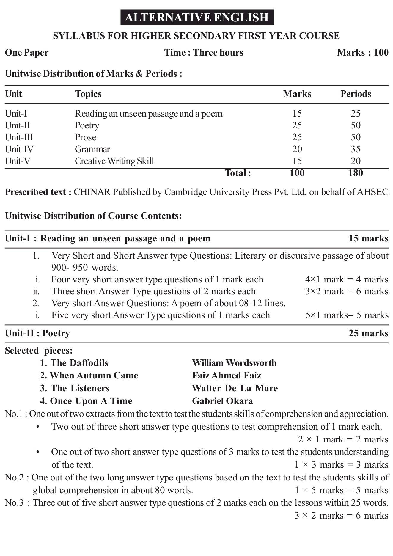 AHSEC HS 1ST YEAR Alternative English Syllabus 2023