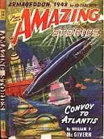 Front cover image of Amazing Stories magazine, November 1941 issue. A painting by Robert Fuqua, illustrating a scene from the novel Convoy to Atlantis by William P McGivern.