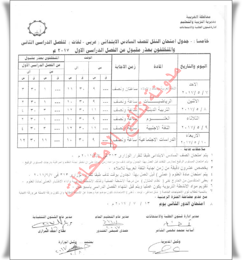 جداول إمتحانات محافظة الغربيه الترم الثانى 2017 الفصل الدراسى الثانى